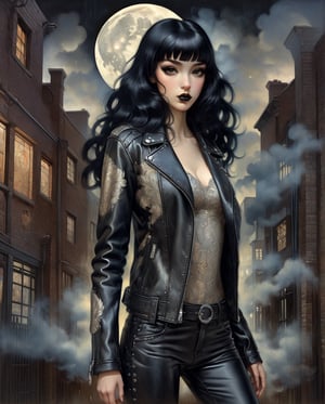 Masterpiece, photorealistic, highly detailed, a young woman with smooth  dark long black hair with bangs and black eyes and black lips, wearing leather jacket and leather pants, standing, looking at camera, in a gloomy smoke filled alley at night with a full moon by Karol Bak, Jean Deville, Gustav Klimt, and Vincent Van Gogh, beautiful visionary mystical calavera portrait, otherworldly, botanical organic fractal structures by William Morris,  intricate, elegant, highly detailed, digital art, ffffound, art by gil elvgren and greg manchess and sachin teng