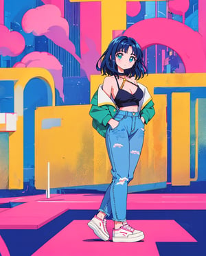 Y2K Denim Diva
A Saudi Arabian girl with sleek black hair and deep hazel eyes, wearing a light blue cropped denim jacket over a pink halter top, paired with low-rise jeans and platform sneakers. She poses confidently, with one hand on her hip, framed by vaporwave elements like neon grid patterns faintly reflected behind her. The white background highlights the soft pastel hues.