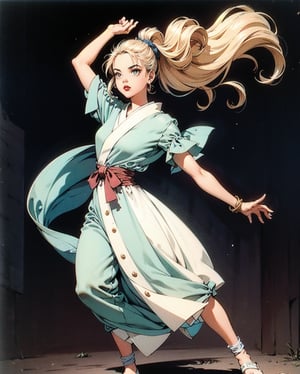 vintage sticker of a full body portrait of a woman in the Japanese retro anime style of the 80s and 90s. The scene features a top model with wild hair, exuding confidence and allure. She stands in a dynamic pose that highlights her form and curves, set against a soft pink and yellow palette. The lighting reflections and shadows add depth and intensity to the scene. Her gaze is evocative and intense, aware of her own beauty and playing it up for the photoshoot. She is dressed in stylish, minimalist clothing that accentuates her form, with bold lipstick and eyeliner highlighting her sharp facial features. The background is minimalist, ensuring all attention is on her captivating presence. Emphasize her confident pose, wild hair, and the dramatic interplay of light and shadow, creating a nostalgic yet striking visual in the retro anime style.