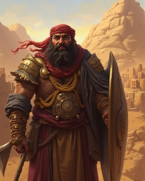 Dwarf:
A stout dwarf with a thick, dark beard adorned with golden beads, dressed in traditional Saudi Arabian garb modified with heavy armor. His face is etched with years of battle, his features proud and sharp. He stands firmly with a massive axe in one hand, the other resting on a large, intricately designed metal shield. The backdrop is a mountainous desert village built into the rocks, with the sun setting behind him.