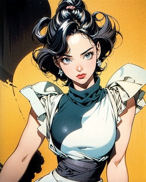 vintage sticker of a full body portrait of a woman in the Japanese retro anime style of the 80s and 90s. The scene features a top model with wild hair, exuding confidence and allure. She stands in a dynamic pose that highlights her form and curves, set against a soft pink and yellow palette. The lighting reflections and shadows add depth and intensity to the scene. Her gaze is evocative and intense, aware of her own beauty and playing it up for the photoshoot. She is dressed in stylish, minimalist clothing that accentuates her form, with bold lipstick and eyeliner highlighting her sharp facial features. The background is minimalist, ensuring all attention is on her captivating presence. Emphasize her confident pose, wild hair, and the dramatic interplay of light and shadow, creating a nostalgic yet striking visual in the retro anime style.