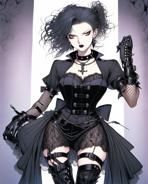 Art style by amano yoshitaka,   Gothic Lolita Rebel
An anime girl with long, straight black hair, wearing a black lace dress with a corset, thigh-high stockings, and combat boots. She has a spiked choker around her neck and dark eye makeup, striking a fierce pose with one hand on her hip and the other adjusting her lace gloves. The background is a dark purple gradient.