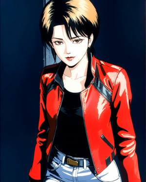 ((masterpiece)), ((best quality)), (masterpiece, highest quality), (masterpiece), Flat-colored still of (((masterpiece))), (((highest quality))), ((Very detailed)), masutepiece, Best Quality,  a girl with dark olive skin and short dark blonde hair was dressed in a red leather jacket, black jeans, and a black t-shirt., depth of field, art style by Yoshiaki Kawajiri,softwatercolor