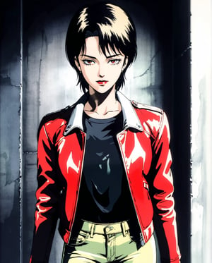 ((masterpiece)), ((best quality)), (masterpiece, highest quality), (masterpiece), Flat-colored still of (((masterpiece))), (((highest quality))), ((Very detailed)), masutepiece, Best Quality,  a girl with dark olive skin and short dark blonde hair was dressed in a red leather jacket, black jeans, and a black t-shirt., depth of field, art style by Yoshiaki Kawajiri,softwatercolor,retro ink