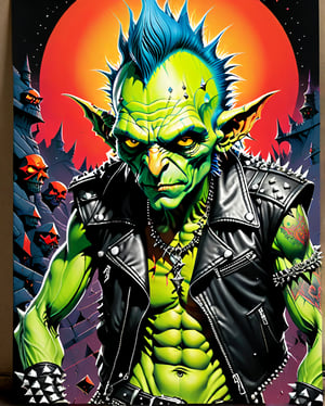 A rebellious goblin clad in edgy punk rock clothing, showcasing intricate details in spiked studs and tattered leather. The character is depicted in a poster design created in the vibrant and imaginative art style of Moebius. The image radiates with raw energy, from the goblin's wild, colorful hair to the intricate tattoos covering their arms. Each element is brought to life with precision and skill, immersing the viewer in a world of rebellious creativity and attitude. This high-quality artwork captures the essence of punk rock in a visually striking and engaging way.