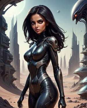 A gracefully dangerous Saudi Arabian woman, with light brown tan skin, brown eyes, and black hair, appears as an assassin and spy in a futuristic Alien planet city and landscape. The image depicts her in sleek, advanced attire that blends seamlessly with the alien surroundings. Every detail bursts with life amid the futuristic decay: her attire is a mix of high-tech and cultural elements, her eyes shine with cunning determination, and her movements exude deadly grace. The scene captures a perfect balance of elegance and danger, drawing viewers into a thrilling tale of intergalactic espionage.