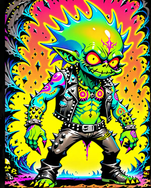 A rebellious goblin clad in edgy punk rock clothing, showcasing intricate details in spiked studs and tattered leather. The character is depicted in a poster design created in the vibrant and imaginative art style of Moebius. The image radiates with raw energy, from the goblin's wild, colorful hair to the intricate tattoos covering their arms. Each element is brought to life with precision and skill, immersing the viewer in a world of rebellious creativity and attitude. This high-quality artwork captures the essence of punk rock in a visually striking and engaging way.