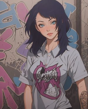 One Punk girl wearing a grey shirt, with a purple and blue color graffiti background
