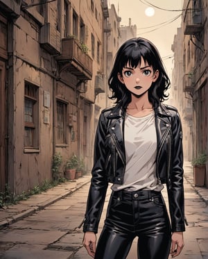 (masterpiece, best quality, highly detailed, ultra-detailed, intricate), illustration, pastel colors, offcial art,

Araki Hirohiko style, Flat-colored still of a photo of a Masterpiece, photorealistic, highly detailed, a young woman with smooth  dark long black hair with bangs and black eyes and black lips, wearing leather jacket and leather pants, standing, looking at camera, in a gloomy smoke filled alley at night with a full moon.,... anime girl from a 80s Anime portrayed by hajime sorayama, looking away from the viewer, solemn expression