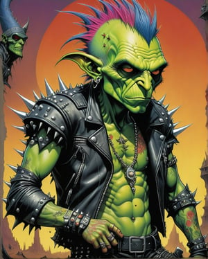 A rebellious goblin clad in edgy punk rock clothing, showcasing intricate details in spiked studs and tattered leather. The character is depicted in a poster design created in the vibrant and imaginative art style of Moebius. The image radiates with raw energy, from the goblin's wild, colorful hair to the intricate tattoos covering their arms. Each element is brought to life with precision and skill, immersing the viewer in a world of rebellious creativity and attitude. This high-quality artwork captures the essence of punk rock in a visually striking and engaging way.