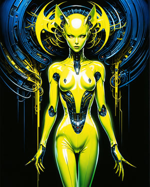 Art style by amano yoshitaka, In a neon-lit cyberpunk space setting, a figure emerges clad in a sleek yellow jumpsuit, designed with a distinct art style reminiscent of Yoshiaki Kawajiri. The scene is portrayed in a vivid and elaborate digital painting, showcasing sharp edges and dynamic colors. The jumpsuit gleams with metallic sheen, accentuating the mysterious allure of the character. Every detail, from the sleek contours to the intricate patterns, contributes to the image's captivating and high-quality execution, drawing viewers into a futuristic world of intrigue and sophistication., 1990s (style), in the style of nicola samori, detailed 8k horror artwork,
art by Tsutomu Nihei gerald-brom