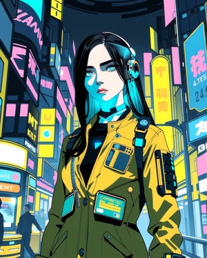 Cyber girl in a yellow jacket standing in town at night, estilo de arte cyberpunk, arte de anime cyberpunk, arte digital do anime cyberpunk, arte cyberpunk anime, garota anime cyberpunk, cyberpunk digital - arte de anime, vibe cyberpunk, cyberpunk vibes, cyberpunk cores vibrantes, cyberpunk themed art, menina de anime cyberpunk feminino, estilo de arte cyberpunk, brilho cyberpunk brilhante, Anime cyberpunk moderno, Garota cyberpunk