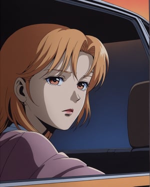 One Woman、sitting in the passenger seat of a car、８０Retro anime style of the 1980s、Vivid colors、Image of a woman from inside a car、Looking forward、
