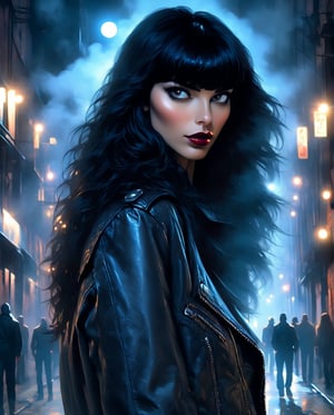 Masterpiece, photorealistic, highly detailed, a young woman with smooth  dark long black hair with bangs and black eyes and black lips, wearing leather jacket and leather pants, standing, looking at camera, in a gloomy smoke filled alley at night with a full moon