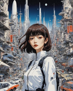 (style of Shintaro Kago:1.3) 
(masterpiece,best quality:1.5),
A gracefully dangerous Saudi Arabian woman, with light brown tan skin, brown eyes, and black hair, appears as an assassin and spy in a futuristic Alien planet city and landscape. The image depicts her in sleek, advanced attire that blends seamlessly with the alien surroundings. Every detail bursts with life amid the futuristic decay: her attire is a mix of high-tech and cultural elements, her eyes shine with cunning determination, and her movements exude deadly grace. The scene captures a perfect balance of elegance and danger, drawing viewers into a thrilling tale of intergalactic espionage.