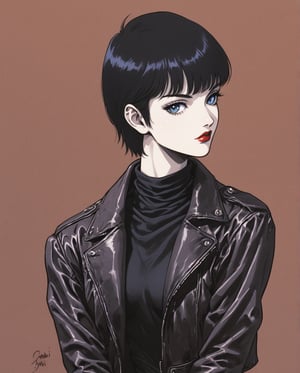 1 girl, pale skin, pixie short black hair with bangs , blue eyes, full red lips,  leather jacket, tight leather jeans, tight black t-shirt. 80's , retro, art style by Nobuteru Yuki