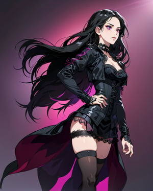 Gothic Lolita Rebel
An anime girl with long, straight black hair, wearing a black lace dress with a corset, thigh-high stockings, and combat boots. She has a spiked choker around her neck and dark eye makeup, striking a fierce pose with one hand on her hip and the other adjusting her lace gloves. The background is a dark purple gradient., , designed by Dave Mckean, 