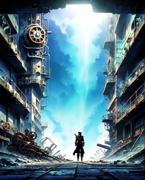((masterpiece)), ((best quality)), (masterpiece, highest quality), (masterpiece), Flat-colored still of (((masterpiece))), (((highest quality))), ((Very detailed)), masutepiece, Best Quality,  Illustration of a steampunk explorer in a post apocalyptic setting, surrounded by machine parts, mechanical UI, and post apocalyptic landscapes, Surreal steampunk Art Style, Influenced by DeviantArt and Ghost in the Shell anime,Render, depth of field, art style by Yoshiaki Kawajiri,softwatercolor,retro ink