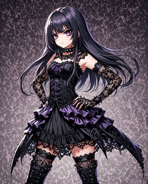 Gothic Lolita Rebel
An anime girl with long, straight black hair, wearing a black lace dress with a corset, thigh-high stockings, and combat boots. She has a spiked choker around her neck and dark eye makeup, striking a fierce pose with one hand on her hip and the other adjusting her lace gloves. The background is a dark purple gradient.