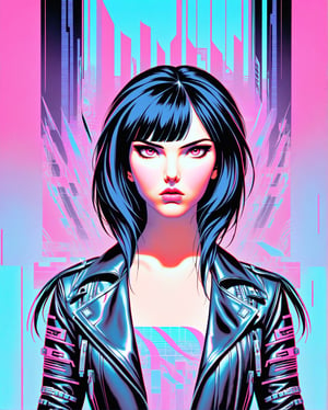 A mysteriously beguiling cyberpunk woman, her smooth black hair falls in a sleek cascade framing striking brown eyes, accentuated by a set of bold bangs. Clad in a stylish leather jacket over a vibrant pink t-shirt and light blue denim jeans, she exudes an air of retro-futuristic coolness. The 80's cyberpunk background serves as a perfect complement to her edgy aesthetic. This captivating portrait, whether a painting or photograph, is rich in detail, capturing every nuance of her enigmatic allure with extraordinary precision and artistry.