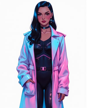 Glowing Techwear Goddess
A Saudi Arabian woman with smooth, sleek black hair and hazel eyes, wearing a glowing holographic trench coat over a futuristic black bodysuit with neon accents. She stands tall, her fashion-forward cyberpunk look enhanced by soft, subtle vaporwave colors of pink and blue gently glowing around her figure against the white background.