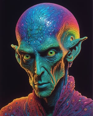Moebius (Jean Giraud) Style - A picture by Jean Giraud Moebius, ((masterpiece)), ((best quality)), (masterpiece, highest quality), impossibly beautiful portrait of alien shapeshifter entity, insane smile, intricate complexity, surreal horror, inverted neon rainbow drip paint, trending on art station, photoreal, 8 k, octane render by greg rutkowskibody, full body, dynamic face style by Moebius