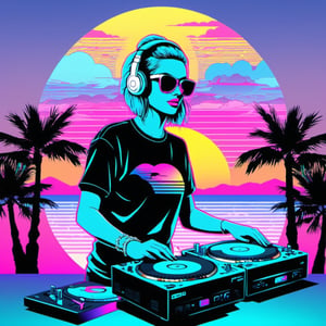 Prompt: 1female dj in front of the sunset, vaporwave style, neon style, smooth lines, vector sticker art, vector core, intricate details, black t-shirt design, 8k,PoP art,vapor_graphic,more detail XL