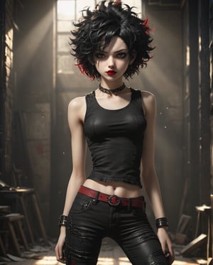  (Masterpiece,  Best quality), a full-body, high-resolution anime style of a rebellious teenage female punk rocker with short curly black hair, thin face, intense red lips, sleeveless black top, and tight black denim pants, inspired by the works of Yoshiaki Kawajiri, vibrant and edgy, with dramatic lighting and dynamic composition, (Extremely detailed CG,  Ultra detailed, intrincate details,  Best shadow),  Beautiful conceptual illustration,  (illustration),  (extremely fine and detailed),  (Perfect details),  (Depth of field),