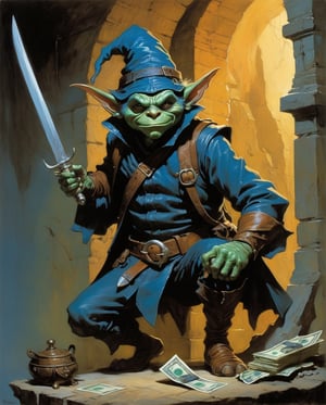 A cunning goblin from the world of Dungeons and Dragons, Forgotten Realms, is depicted as an assassin and thief in this vivid scene. He wears a distinctive blue leather hat, has a long pointed nose, and dons a leather brown jacket. Knives and a money bag hang from his belt as he stealthily sneaks into a treasure room. The image, whether a painting or illustration, exudes a sense of intrigue and danger. Every detail is expertly rendered, from the goblin's sly expression to the intricate design of his attire. The colors are rich and captivating, drawing the viewer into this thrilling fantasy world. art style by Frank Frazetta, art style by Moebius