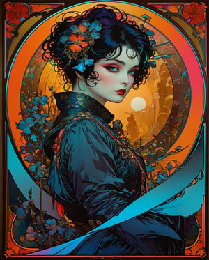 Art Nouveau in the style of Alphonse Mucha, Art style by Masamune Shirow, neon art nouveau, long exposure, wimmelbilder, layered lines, neonpunk, chiaroscuro, best quality, masterpiece, highres, wallpaper, colorful,8K,RAW photo , artchlr,(80s, 1girl, goth, siouxsie, cyberpunk,
, art nouveau