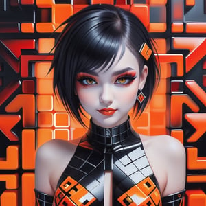 digital painting, beautiful intricate body paint, young goth, maze patterns, optical illusion, sensual, smirking, angelic, glass, petite, very cute, rubix cubes, delicate, translucent skin, punk rock, 8k, trending, silver black orange red