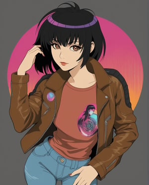 Art Style by Yoshiyuki Tomino, futuristic synthwave, circular, vector logo sticker, masterpiece, sleeve pulp style, flat shading, solid background color, t-shirt design, A mysteriously beguiling cyberpunk woman, her smooth black hair falls in a sleek cascade framing striking brown eyes, accentuated by a set of bold bangs. Clad in a stylish leather jacket over a vibrant pink t-shirt and light blue denim jeans, she exudes an air of retro-futuristic coolness. The 80's cyberpunk background serves as a perfect complement to her edgy aesthetic. This captivating portrait, whether a painting or photograph, is rich in detail, capturing every nuance of her enigmatic allure with extraordinary precision and artistry.