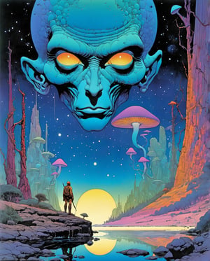 Art style by Richard Corben, Art style by Jim Starlin, Art style by Philippe Caza (Masterpiece, Top Quality, Super Detail, High Resolution, Best Illustration), 1990s (style), 1980s (style), retro art style, Highest image quality, (Masterpiece, top quality, super detail, high resolution, best illustration), vintage, 1990s \(style\), dynamic angle, Moebius (Jean Giraud) Style - A picture by Jean Giraud Moebius, ((masterpiece)), ((best quality)), (masterpiece, highest quality), (masterpiece), (masterpiece, best quality),futuristic style A beautiful illustration of the mathematics of a tattooed alien, digital art, rainbow colors, very detailed face, magical mushroom forest in the background .sleek, modern, ultramodern, high tech, detailed, blacklight makeup PsyAI, Psychedelic, Visionary art, DMT, LSD style by Moebius