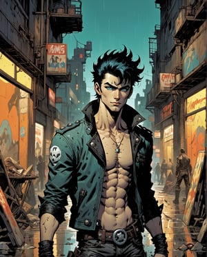 vintage comic book illustration, urban, punk, 1boy, black hair, open black jacket, black_pants, raining, masterpiece, perfect anatomy, slightly muscular, high quality, perfect, complex_background, nighttime, city, alleyway, delinquent, smug, short_hair, spikey_hair, spiked_hair, bad boy, neon sign, teal_eyes, tattoos, smirking,  inspired by Luis Royo and the style of Frank Frazetta, graphic illustration, comic art, graphic novel art, vibrant, highly detailed,