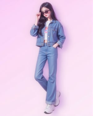 90s Denim Queen
A confident anime girl with long, flowing black hair, wearing a vintage oversized denim jacket over a crop top, paired with baggy jeans and chunky sneakers. She strikes a casual pose, one hand in her pocket and the other pushing her sunglasses down slightly, revealing her playful smirk. The background is a soft pastel pink.