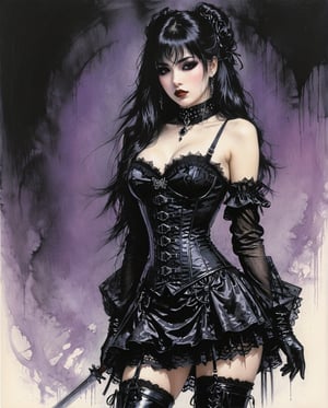 Art style by amano yoshitaka, 1990s (style), in the style of nicola samori, detailed 8k horror artwork,, in the style of Bernie Wrightson, Anders Zorn, Alexi Brilo, Luis Royo, extremely detailed, dark, charcoal drawing, black pencil drawing

Gothic Lolita Rebel
An anime girl with long, straight black hair, wearing a black lace dress with a corset, thigh-high stockings, and combat boots. She has a spiked choker around her neck and dark eye makeup, striking a fierce pose with one hand on her hip and the other adjusting her lace gloves. The background is a dark purple gradient.