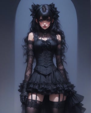 (by Loish, Leyendecker, james gilleard),  Gothic Lolita Rebel
An anime girl with long, straight black hair, wearing a black lace dress with a corset, thigh-high stockings, and combat boots. She has a spiked choker around her neck and dark eye makeup, striking a fierce pose with one hand on her hip and the other adjusting her lace gloves. The background is a dark purple gradient.