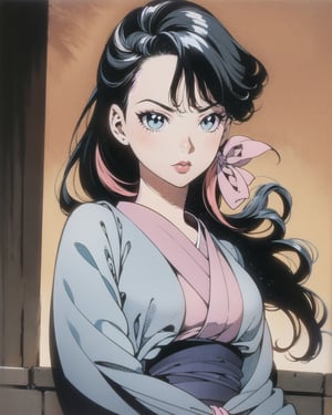 vintage sticker of a full body portrait of a woman in the Japanese retro anime style of the 80s and 90s. The scene features a top model with wild hair, exuding confidence and allure. She stands in a dynamic pose that highlights her form and curves, set against a soft pink and yellow palette. The lighting reflections and shadows add depth and intensity to the scene. Her gaze is evocative and intense, aware of her own beauty and playing it up for the photoshoot. She is dressed in stylish, minimalist clothing that accentuates her form, with bold lipstick and eyeliner highlighting her sharp facial features. The background is minimalist, ensuring all attention is on her captivating presence. Emphasize her confident pose, wild hair, and the dramatic interplay of light and shadow, creating a nostalgic yet striking visual in the retro anime style.