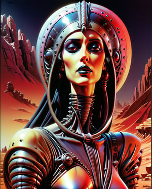 Art style by H. R. Giger, Art style by Syd Mead, Art style by Hajime Sorayama, (Masterpiece, Top Quality, Super Detail, High Resolution, Best Illustration), 1990s (style), 1980s (style), retro art style, Highest image quality, (Masterpiece, top quality, super detail, high resolution, best illustration), vintage, 1990s \(style\), dynamic angle, Solo, 1male, very old age, Saudi Arabian Bedouin, Duotone, Red and Black Only, in a distant rock, in the style ofrichard corben, brothershildebrandt, distinctive noses,space art, darkly detailed,mars ravelo, dark silver andcrimson