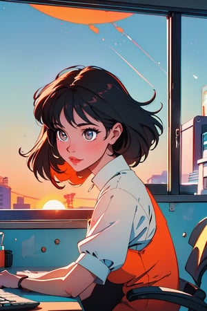 (best quality, masterpiece), A cartoon girl with flowing black hair sitting on her chair typing on her computer. The scene is rendered in a hyper-realistic style that captures every detail of the breathtaking environment. The sun sets outside her window, casting an orange glow over the entire scene