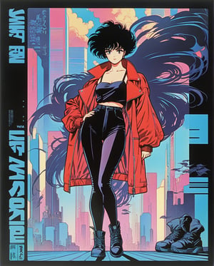 (Dark Fantasy:1), (80s Style), (Sci-Fi), (Noise Effect:1.3), (VHS Grain Effect:1.2) ,80s anime style, flat colors, key visual, vibrant, studio anime, highly detailedamano yoshitaka, a full-body, high-resolution anime style of A woman with black pixie cut hair, dressed in black tights, black boots, black crop top, and red leather jacket