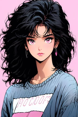 Brown eyes, pink t-shirt, denim pants, black sweater, and black mid-length hair