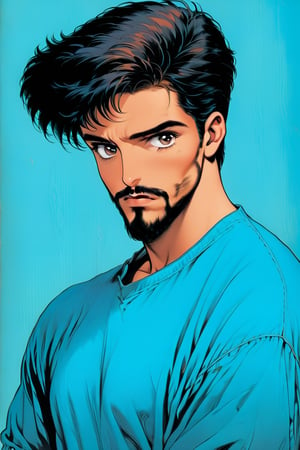 One exceptionally attractive writer, Omar, had olive skin, a short hairstyle, dark black hair, brown eyes, light blue denim jeans, a black  shirt with the top button open and the sleeves rolled up, the shirt tucked into the jeans, and a goatee that was cropped.