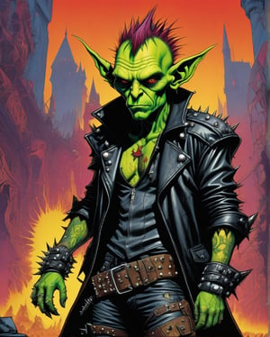 A rebellious goblin clad in edgy punk rock clothing, showcasing intricate details in spiked studs and tattered leather. The character is depicted in a poster design created in the vibrant and imaginative art style of Moebius. The image radiates with raw energy, from the goblin's wild, colorful hair to the intricate tattoos covering their arms. Each element is brought to life with precision and skill, immersing the viewer in a world of rebellious creativity and attitude. This high-quality artwork captures the essence of punk rock in a visually striking and engaging way.