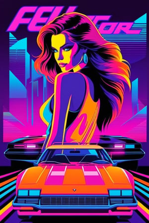 Hot Girl, car, vectorized, synthwave, purple blue red orange, bright neon colors on a dark background,