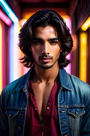 handsome man, Arabian features, black flowing hair, bronzed face, brown eyes, thick eyebrows, warm honey brown complexion, hooked nose, full lips, confident stance, ethereal glow, neon lights, alleyway, simple stylish attire, tight denim jeans, denim jacket, red t-shirt, dimly lit, warm inviting light, neon signs, narrow passageway:: portrait photography, Arabian style, warm honey brown complexion, neon lights, ethereal glow, dimly lit, confident stance, narrow passageway:: wide angle lens, neon lights, ethereal glow, dimly lit, confident stance, narrow passageway:: --ar 4:5,more detail XL,skpleonardostyle