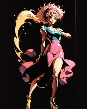 vintage sticker of a full body portrait of a woman in the Japanese retro anime style of the 80s and 90s. The scene features a top model with wild hair, exuding confidence and allure. She stands in a dynamic pose that highlights her form and curves, set against a soft pink and yellow palette. The lighting reflections and shadows add depth and intensity to the scene. Her gaze is evocative and intense, aware of her own beauty and playing it up for the photoshoot. She is dressed in stylish, minimalist clothing that accentuates her form, with bold lipstick and eyeliner highlighting her sharp facial features. The background is minimalist, ensuring all attention is on her captivating presence. Emphasize her confident pose, wild hair, and the dramatic interplay of light and shadow, creating a nostalgic yet striking visual in the retro anime style.