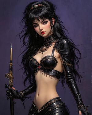 art by Masamune Shirow, art by J.C. Leyendecker, art by boris vallejo, art by gustav klimt, art by simon bisley, Masterpiece, photorealistic, highly detailed,

Gothic Lolita Rebel
An anime girl with long, straight black hair, wearing a black lace dress with a corset, thigh-high stockings, and combat boots. She has a spiked choker around her neck and dark eye makeup, striking a fierce pose with one hand on her hip and the other adjusting her lace gloves. The background is a dark purple gradient.