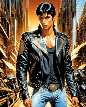 ((masterpiece)), ((best quality)), (masterpiece, highest quality), (masterpiece), Flat-colored still of one Male named Rashood,Tanned skin color,Messy haircut,Black hair,Brown eyes, i,wearing Black rock band t-shirt, faded black  jeans, and a spike leather jacket with heavy metal patches, crystal clear art style by Hajime Sorayama and Syd Mead
