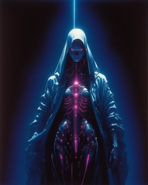 Art style by H. R. Giger, Art style by Syd Mead, Art style by Hajime Sorayama, (Masterpiece, Top Quality, Super Detail, High Resolution, Best Illustration), 1990s (style), 1980s (style), retro art style, Highest image quality, (Masterpiece, top quality, super detail, high resolution, best illustration), vintage, 1990s \(style\), dynamic angle, Cyberpunk rebellion in the neon-lit streets. A cyborg, adorned with retro fabric and Neon Mauve outline, stands out against a RAW photo aesthetic background. Soft lighting accentuates their features, captured with high quality precision on an 8K UHD DSLR camera, reminiscent of Fujifilm XT3. The subject's gaze is bold, made of RAL-SM-LVT-NPLs, as they radiate confidence amidst the futuristic festival atmosphere.,Digital,Style Negative Prompt